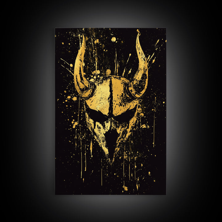 Viking Horned Helmet Gold Canvas Print, Bold Warrior Decor, Mythology Wall Art, Real Wood Framed Canvas Artwork