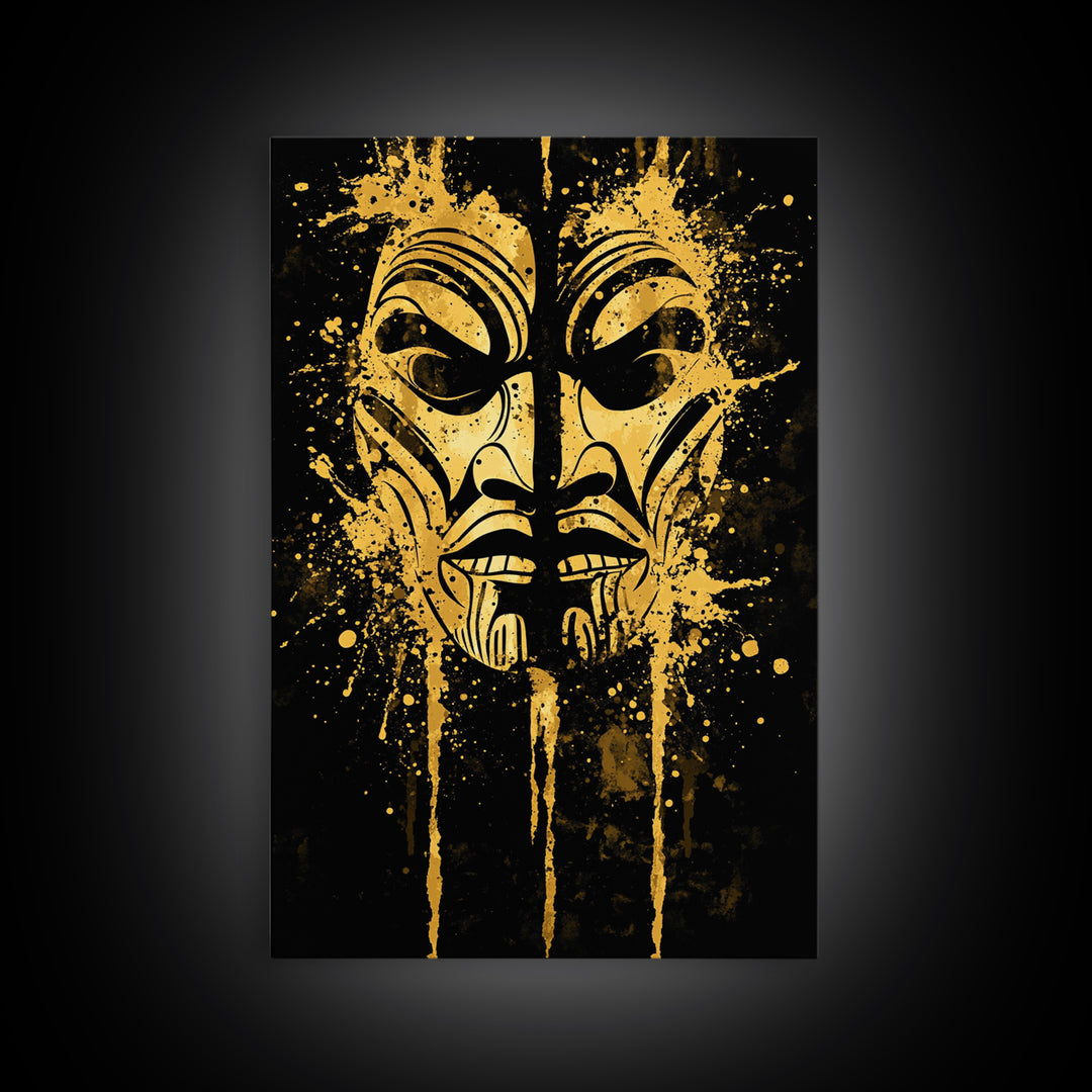 Tribal Warrior Mask Gold Canvas Print, Maori Inspired Art, Ethnic Wall Decor, Real Wood Framed Gold Canvas Artwork