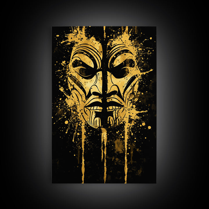 Tribal Warrior Mask Gold Canvas Print, Maori Inspired Art, Ethnic Wall Decor, Real Wood Framed Gold Canvas Artwork