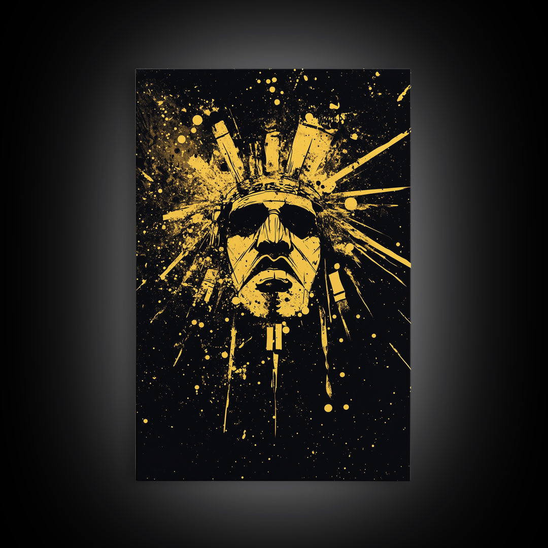 Ancient Sun God Gold Canvas Print, Tribal Deity Wall Decor, Mystical Home Art, Real Wood Framed Statement Artwork