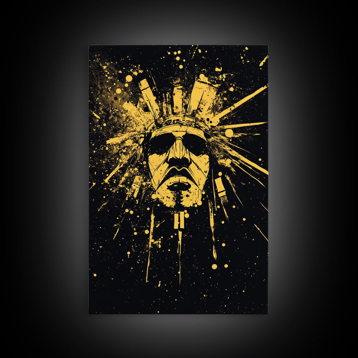 Ancient Sun God Gold Canvas Print, Tribal Deity Wall Decor, Mystical Home Art, Real Wood Framed Statement Artwork