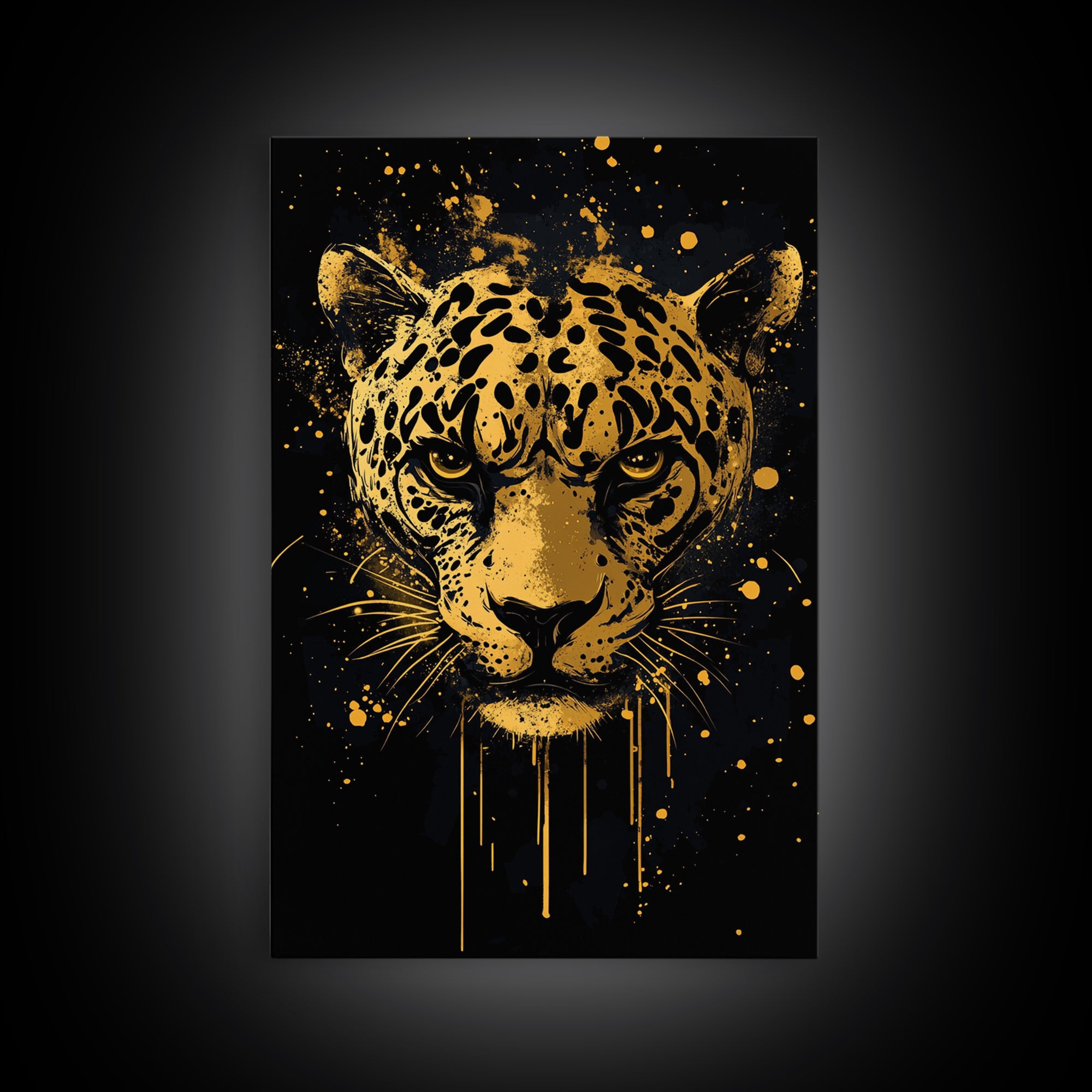 Leopard Head Gold Canvas Print, Jungle Cat Wall Art, Animal Spirit Decor, Real Wood Framed Fierce Modern Artwork