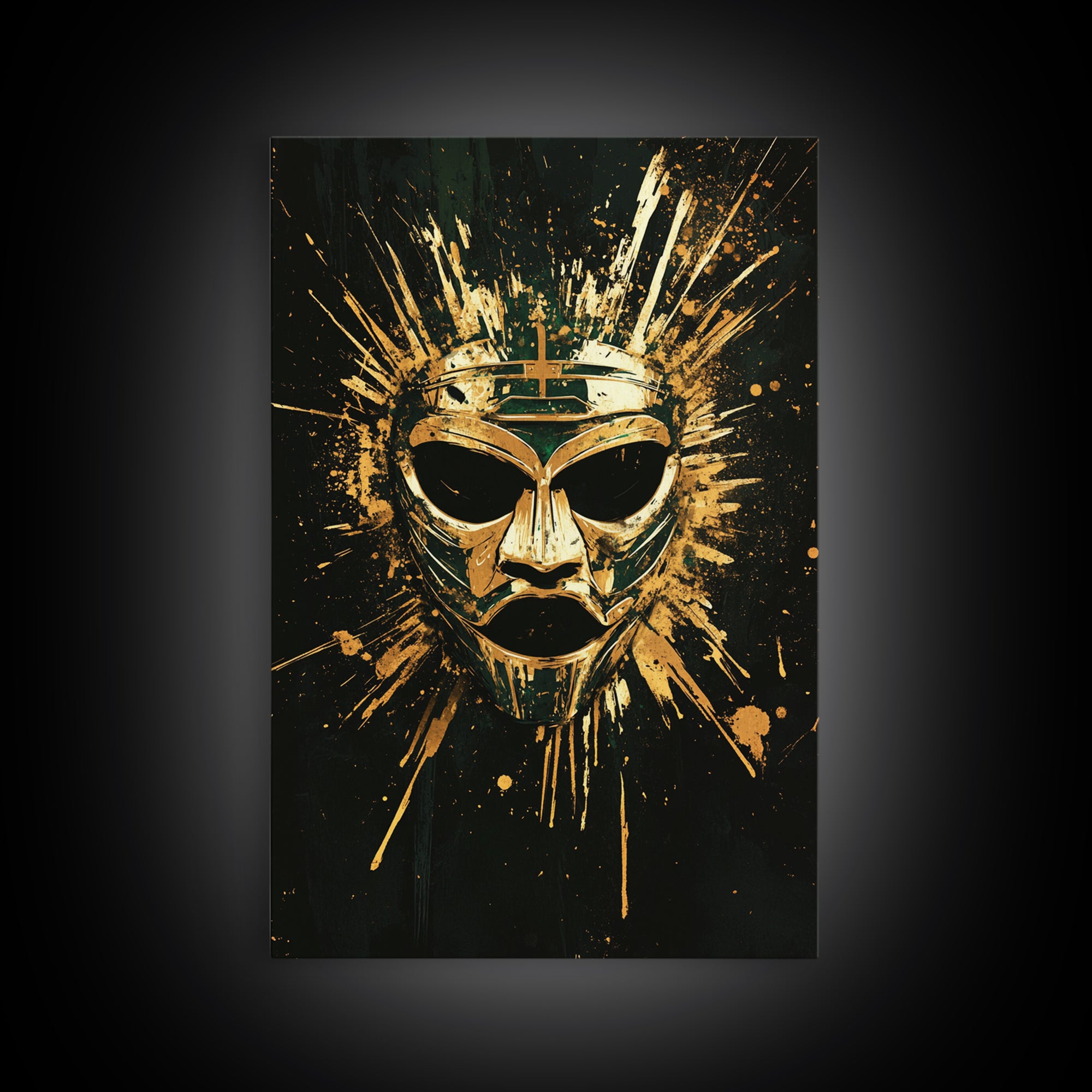 Ancient Warrior Mask Gold Canvas Print, Mythology Wall Decor, Spiritual Protection Art, Real Wood Framed Artwork