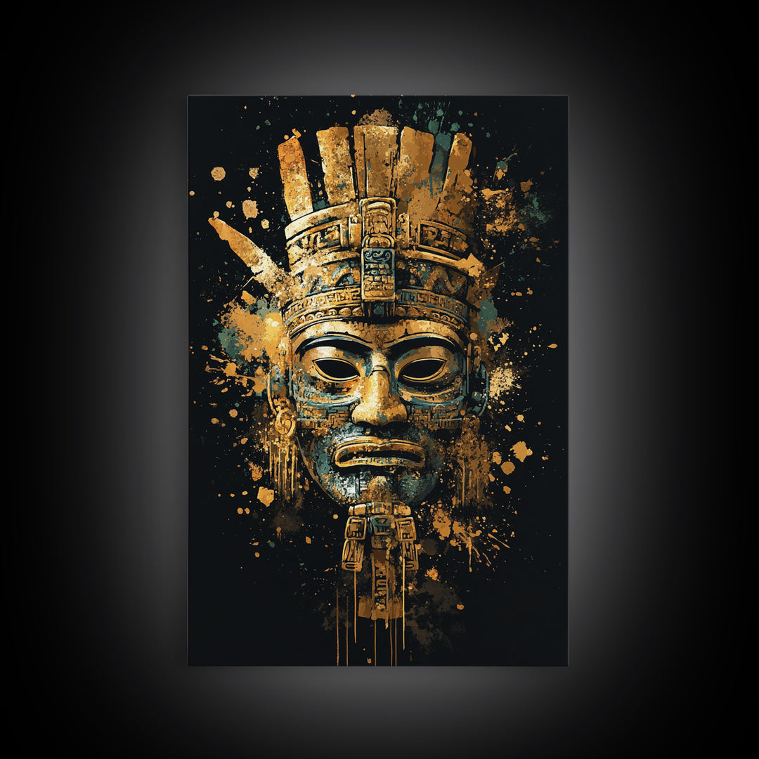 Mayan Inspired Mask Gold Canvas Print, Ancient Civilization Art, Tribal Wall Decor, Real Wood Framed Gold Artwork