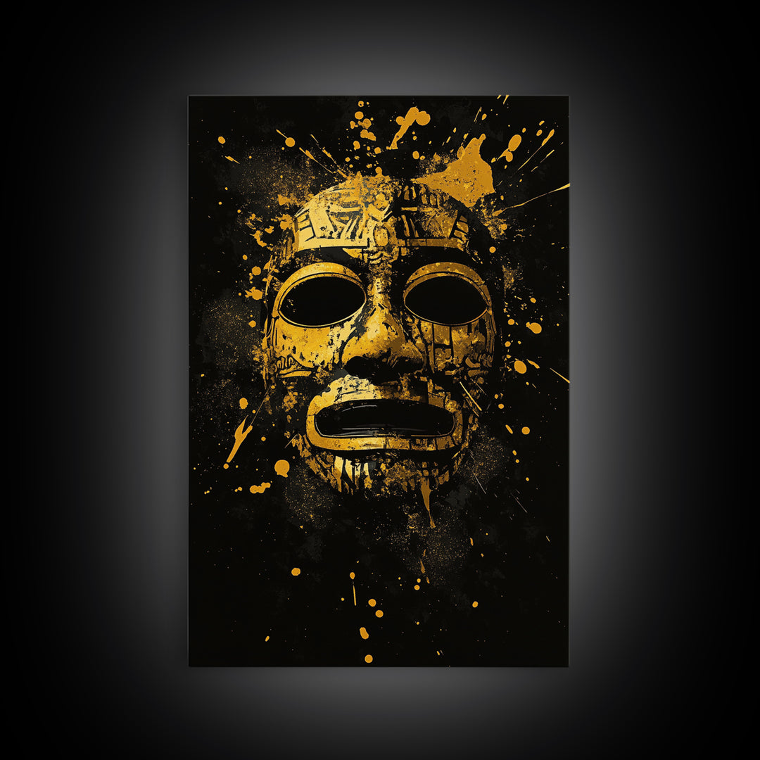 Aztec Mask Gold Canvas Print, Ancient Mythology Art, Tribal Wall Decor, Real Wood Framed Cultural Gold Artwork