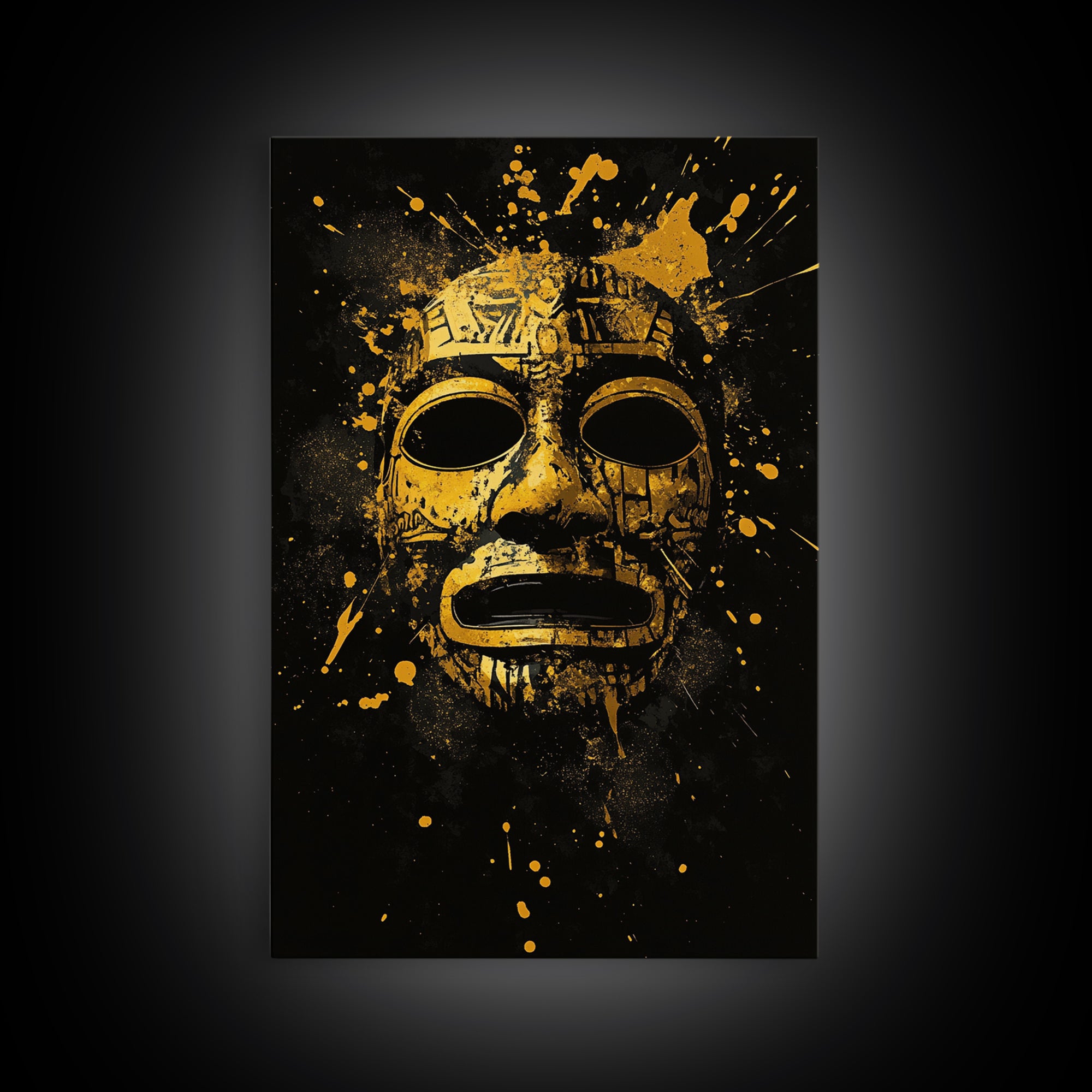 Aztec Mask Gold Canvas Print, Ancient Mythology Art, Tribal Wall Decor, Real Wood Framed Cultural Gold Artwork