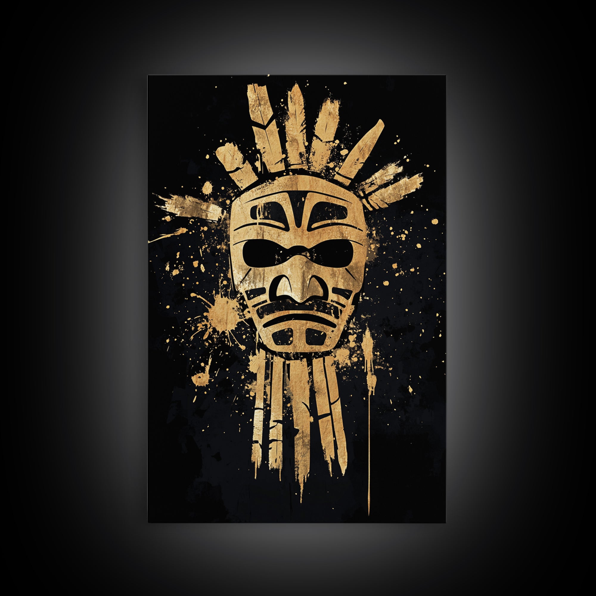 Tribal Sun Mask Gold Canvas Print, Ancestral Wall Art, Sacred Symbol Decor, Real Wood Framed Mystical Gold Artwork