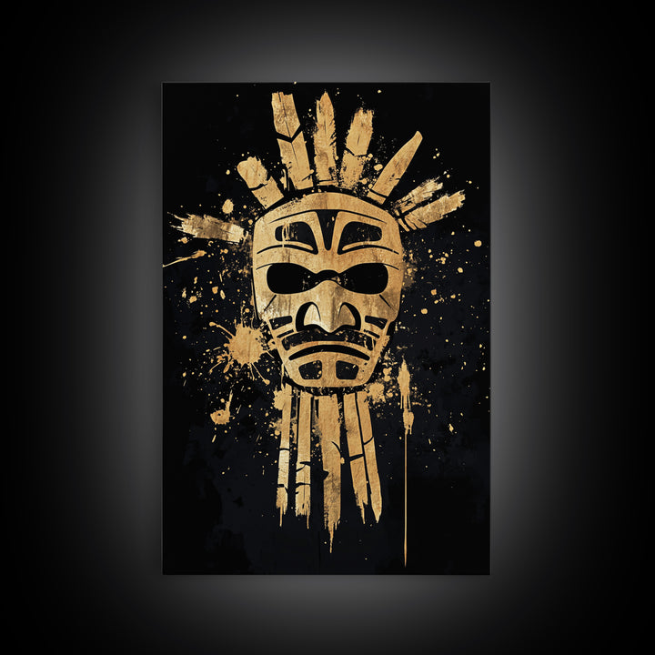 Tribal Sun Mask Gold Canvas Print, Ancestral Wall Art, Sacred Symbol Decor, Real Wood Framed Mystical Gold Artwork
