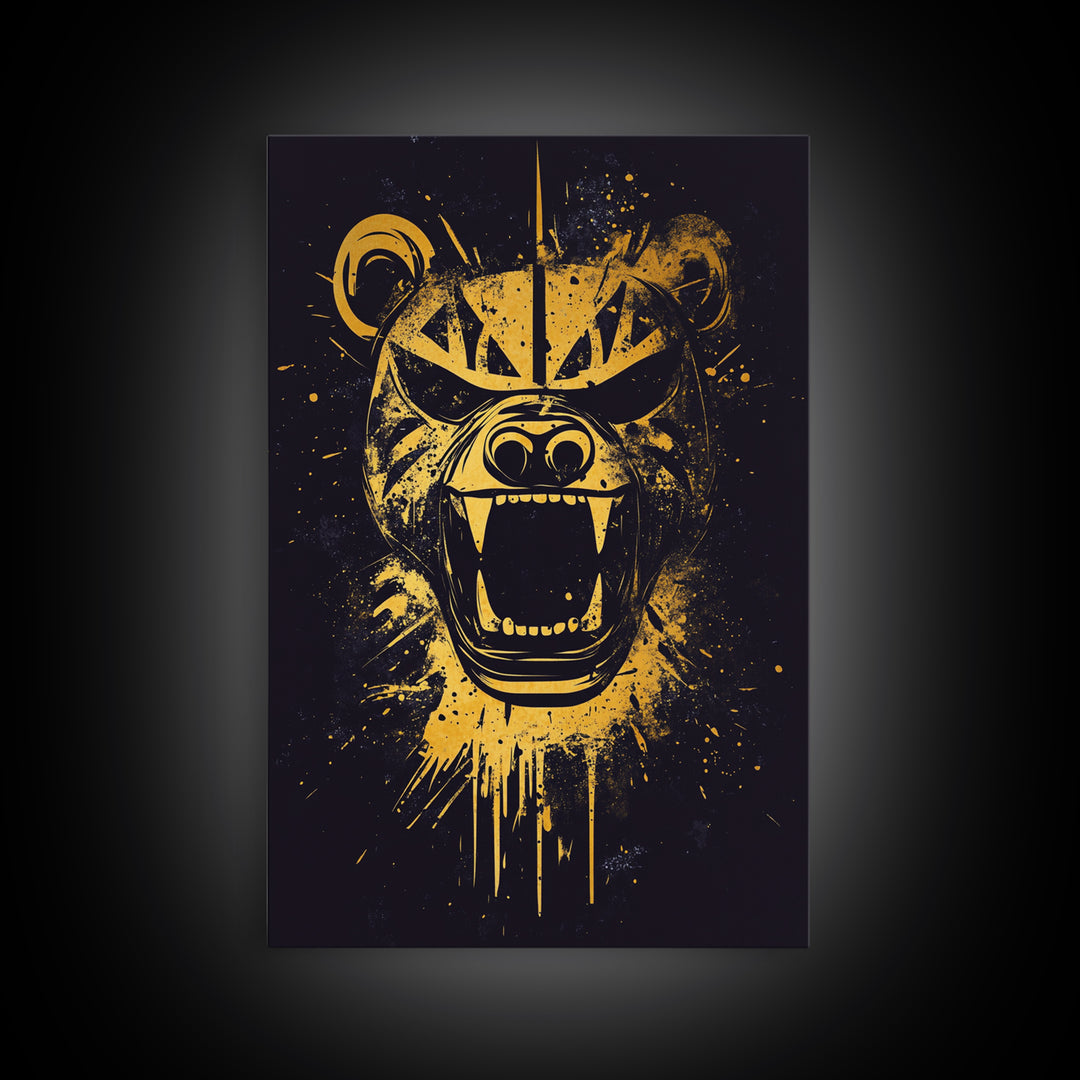 Fierce Bear Gold Canvas Print, Tribal Bear Art, Modern Canvas Wall Decor, Real Wood Frame, Bold Animal Artwork