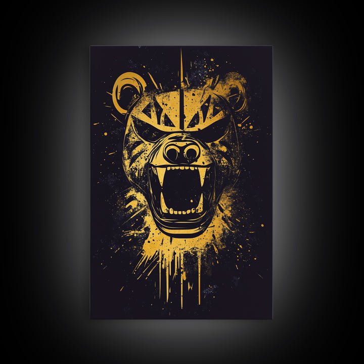 Fierce Bear Gold Canvas Print, Tribal Bear Art, Modern Canvas Wall Decor, Real Wood Frame, Bold Animal Artwork