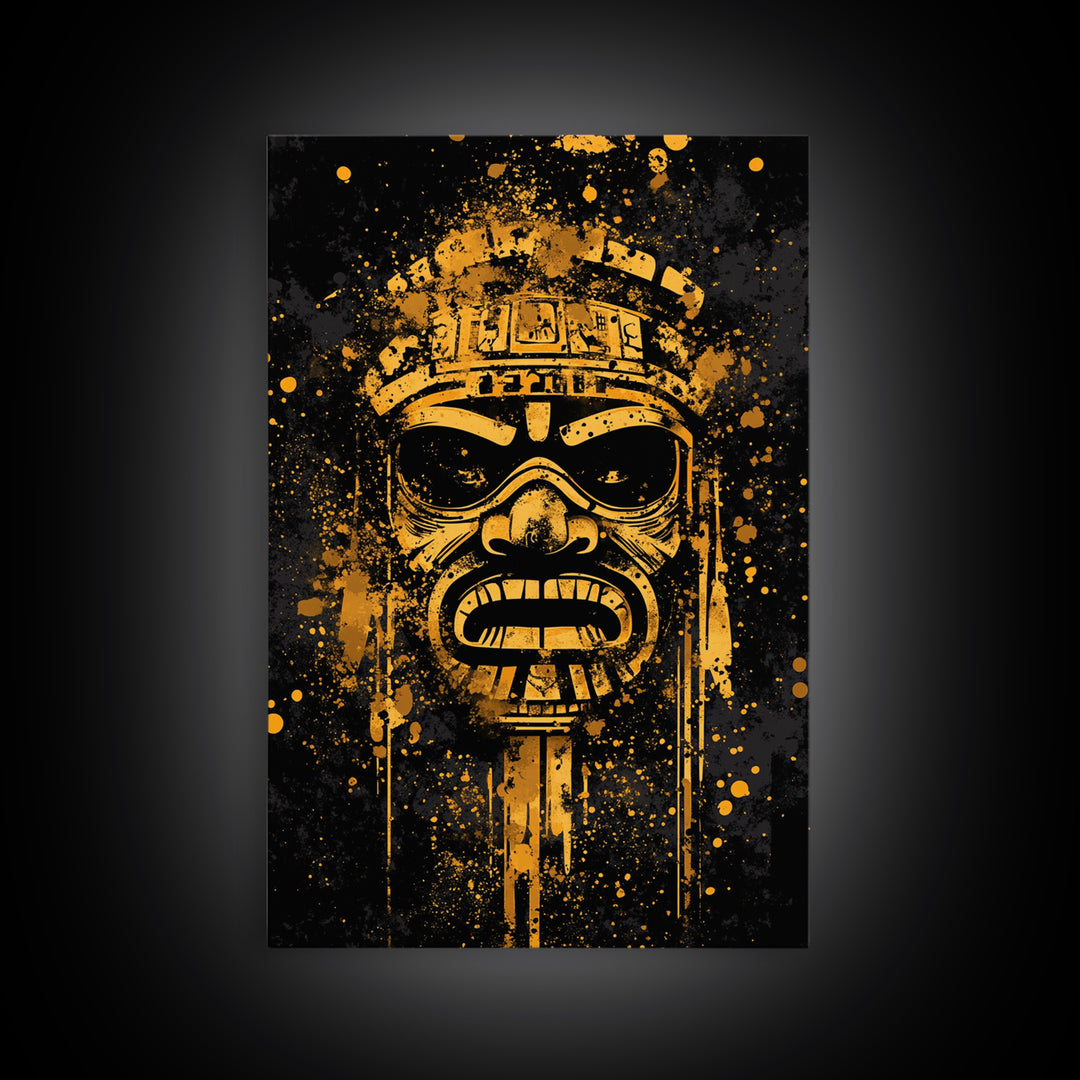 Ancient Tribal Mask Gold Canvas Print, Cultural Art, Bold Splatter Wall Decor, Real Wood Frame, Dramatic Mask Artwork