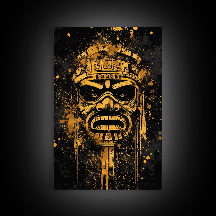 Ancient Tribal Mask Gold Canvas Print, Cultural Art, Bold Splatter Wall Decor, Real Wood Frame, Dramatic Mask Artwork