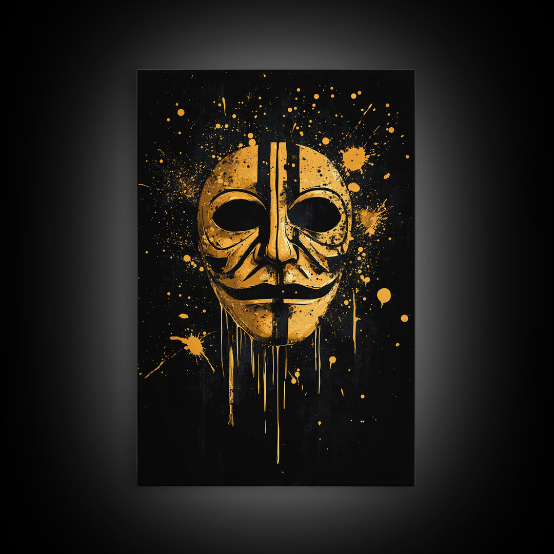 Mystical Mask Gold Canvas Print, Abstract Tribal Art, Splatter Canvas Wall Decor, Real Wood Frame, Modern Statement Artwork
