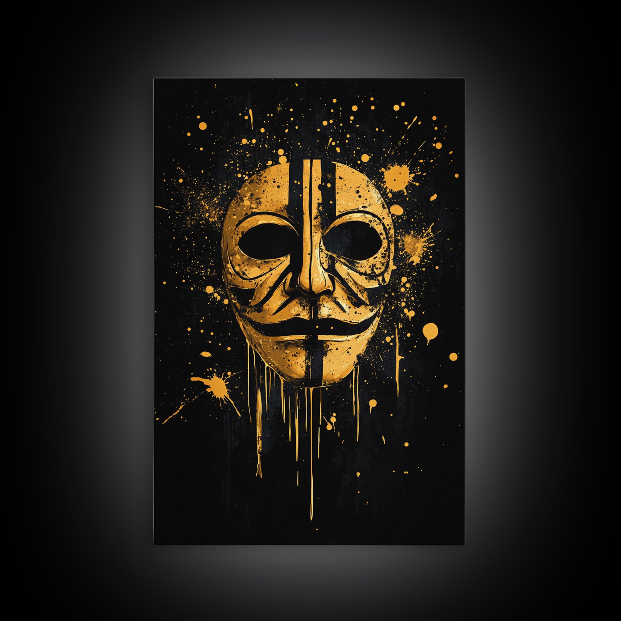 Mystical Mask Gold Canvas Print, Abstract Tribal Art, Splatter Canvas Wall Decor, Real Wood Frame, Modern Statement Artwork