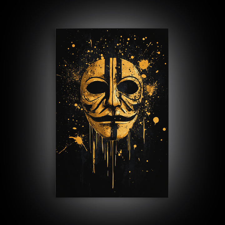 Mystical Mask Gold Canvas Print, Abstract Tribal Art, Splatter Canvas Wall Decor, Real Wood Frame, Modern Statement Artwork