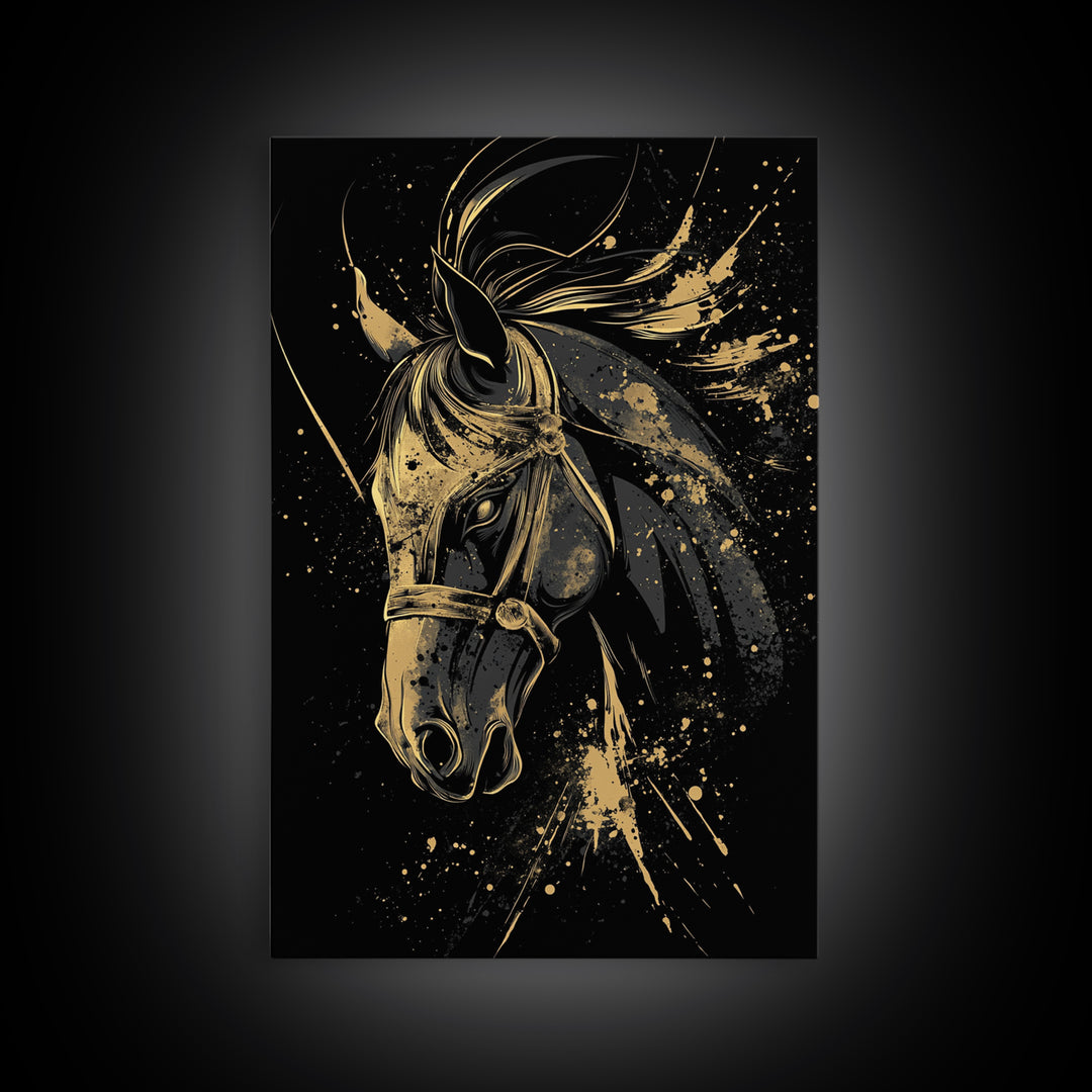 Majestic Horse Gold Canvas Print, Equestrian Wall Art, Splatter Style Decor, Real Wood Frame, Bold Animal Artwork