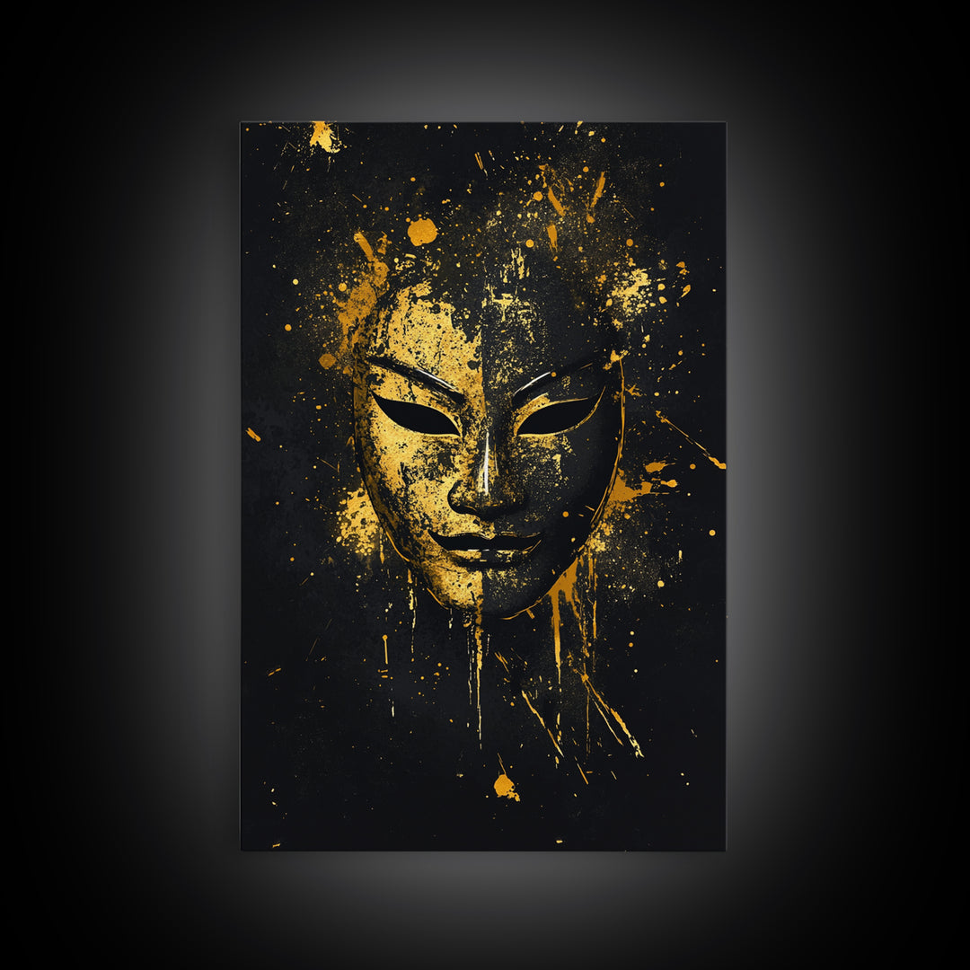 Elegant Tribal Face Gold Canvas Print, Abstract Cultural Mask Art, Modern Wall Decor, Real Wood Frame, Splatter Artwork