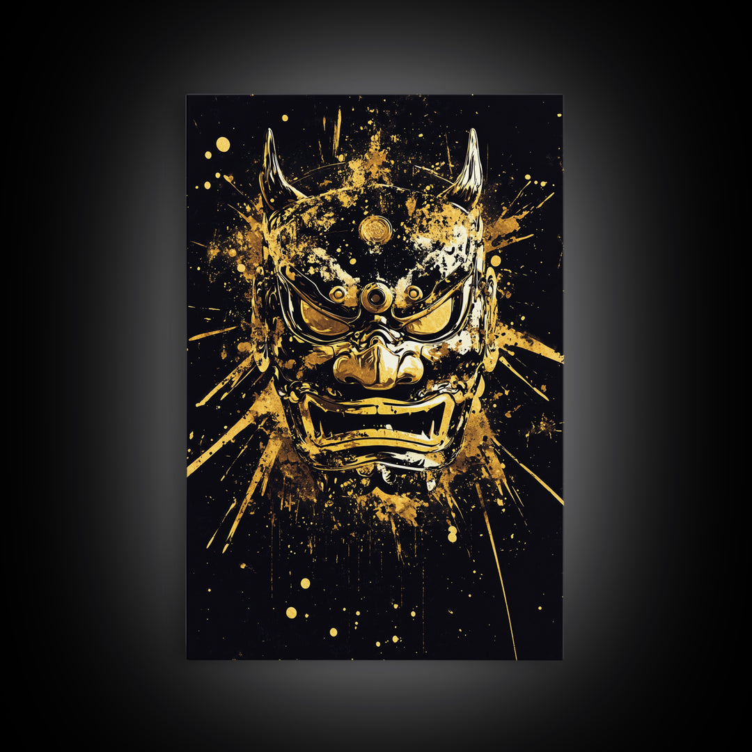 Demon Mask Gold Canvas Print, Fierce Samurai Style Art, Splatter Wall Decor, Real Wood Frame, Bold Statement Artwork