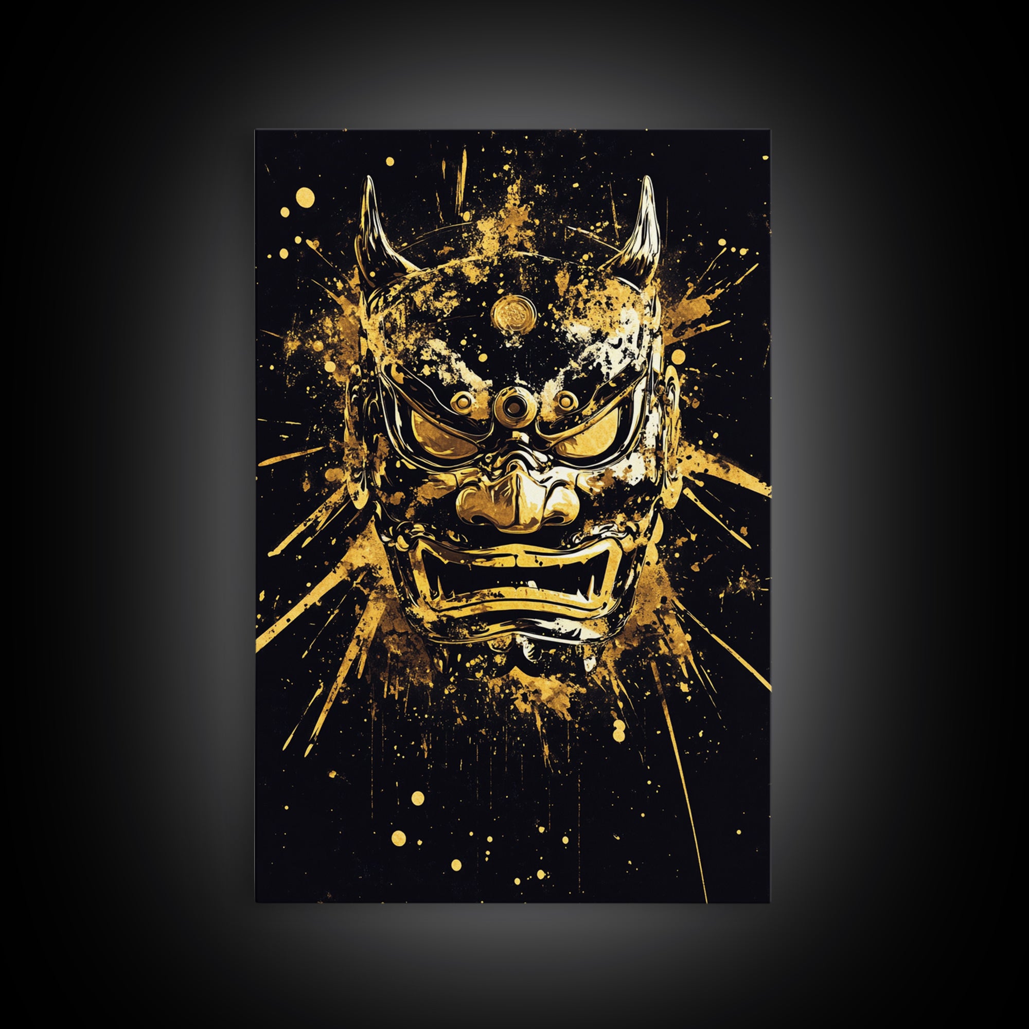 Demon Mask Gold Canvas Print, Fierce Samurai Style Art, Splatter Wall Decor, Real Wood Frame, Bold Statement Artwork