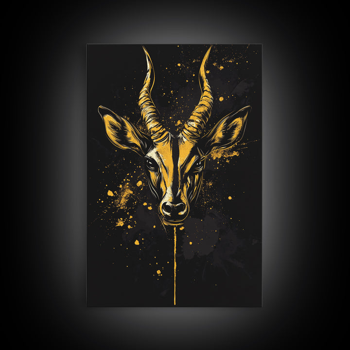 Antelope Head Gold Canvas Print, Wildlife Art, Splatter Animal Decor, Real Wood Frame, Bold Tribal Inspired Artwork