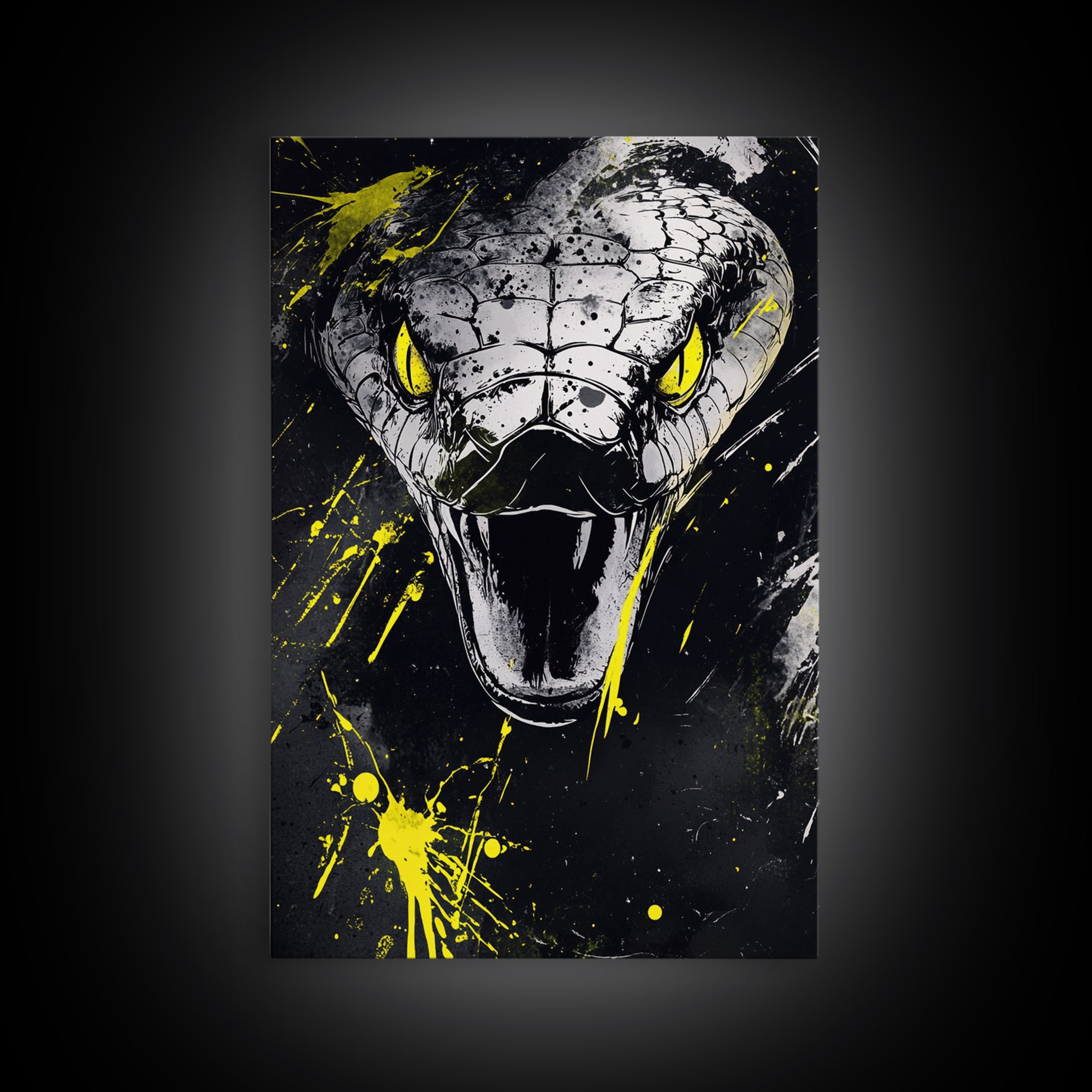 Viper Snake Gold Canvas Print, Venomous Reptile Art, Bold Splatter Wall Decor, Real Wood Frame, Fierce Snake Artwork