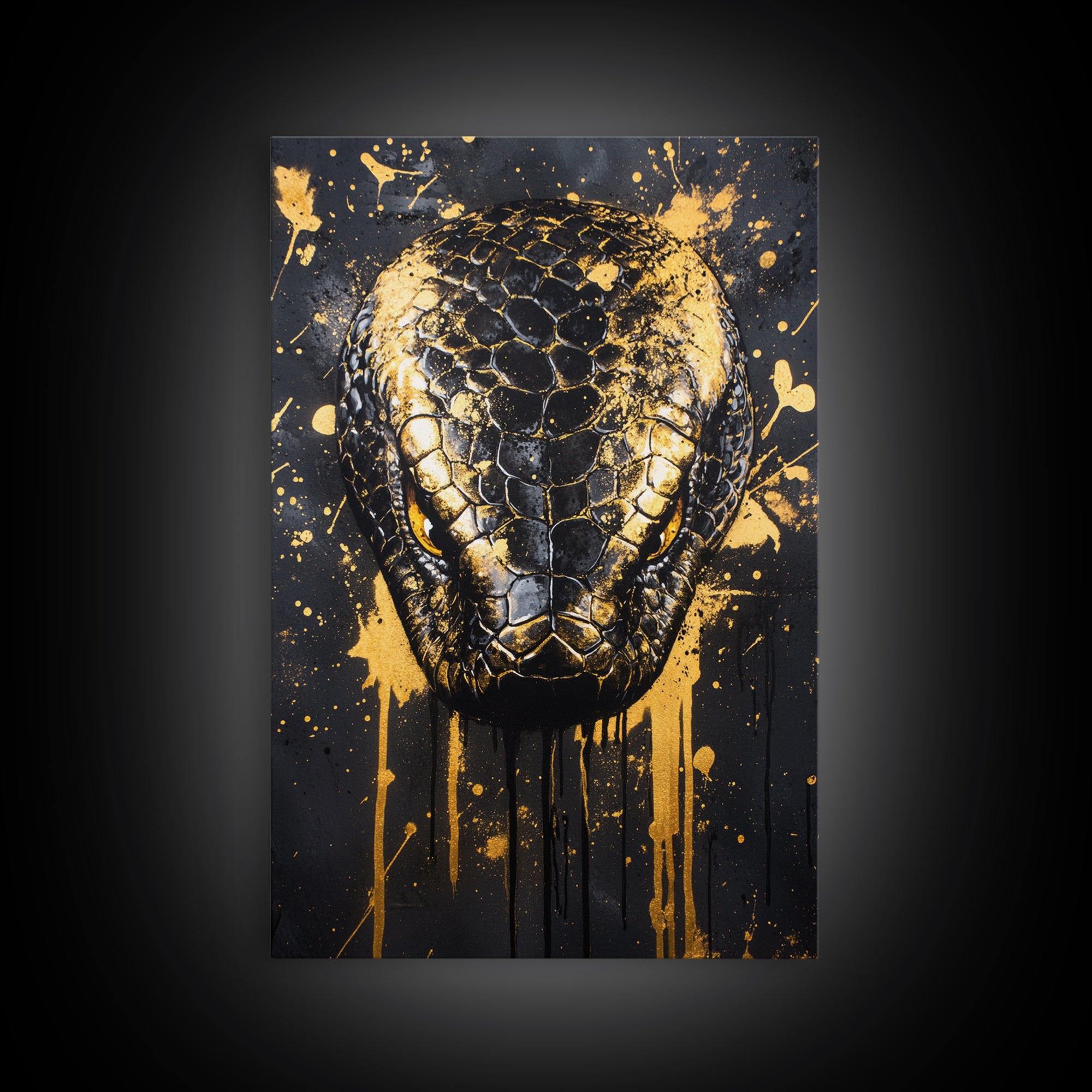 Python Snake Gold Canvas Print, Tribal Reptile Art, Bold Canvas Wall Decor, Real Wood Frame, Splatter Animal Artwork