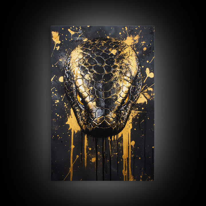 Python Snake Gold Canvas Print, Tribal Reptile Art, Bold Canvas Wall Decor, Real Wood Frame, Splatter Animal Artwork