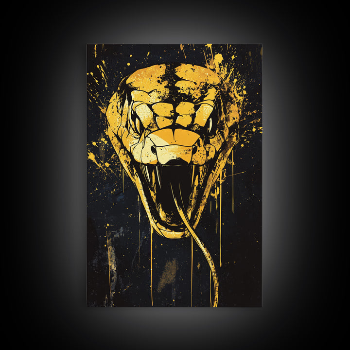 Cobra Head Gold Canvas Print, Fierce Snake Art, Splatter Style Canvas Decor, Real Wood Frame, Bold Animal Statement Artwork