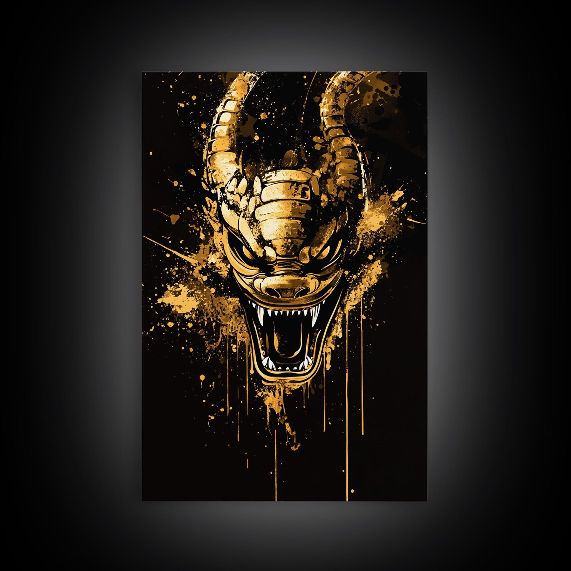 Mythical Dragon Face Artwork,Modern Fantasy Wall Decor,Real Wood Frame,Bold Creature Art,Striking Home Accent
