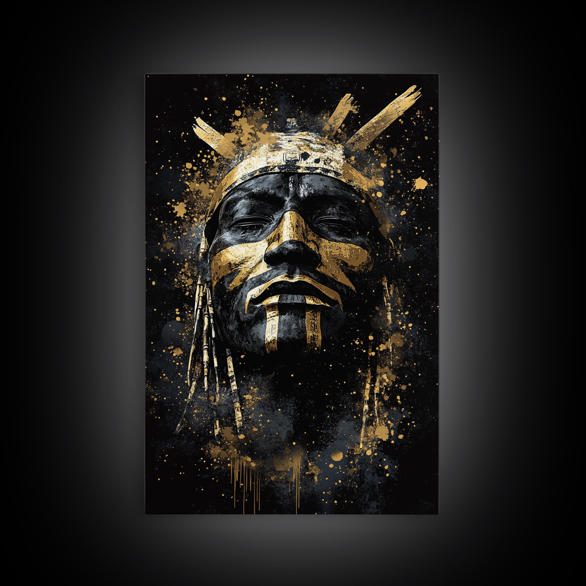 Tribal Warrior Mask Art,Bold Cultural Wall Decor,Real Wood Frame,Striking Tribal Artwork,Modern Statement Piece