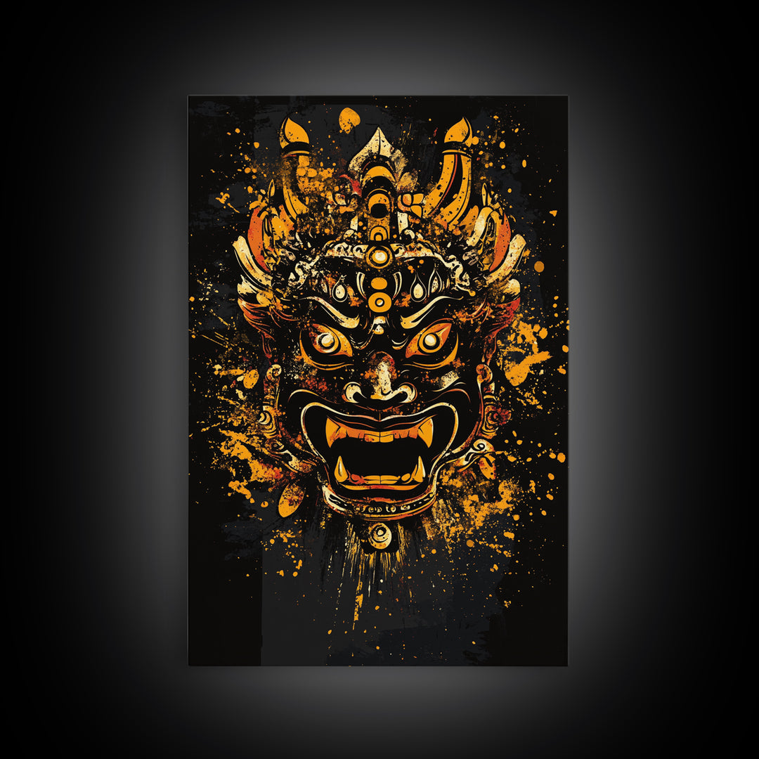 Fierce Demon Mask Artwork,Modern Cultural Wall Decor,Real Wood Frame,Bold Mythical Art,Striking Statement Accent