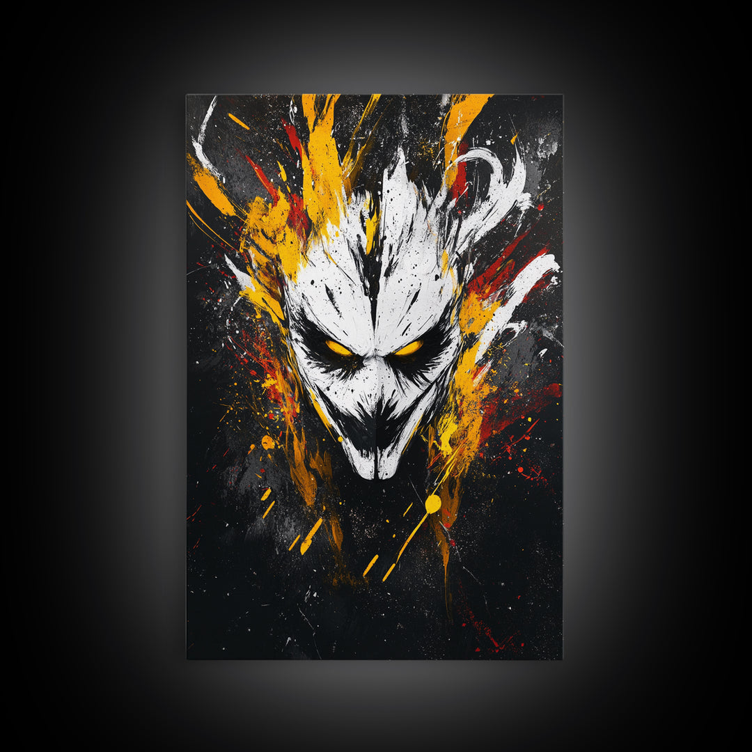 Intense Mask Artwork,Modern Abstract Wall Decor,Real Wood Frame,Bold Fiery Art,Striking Vibrant Statement Piece