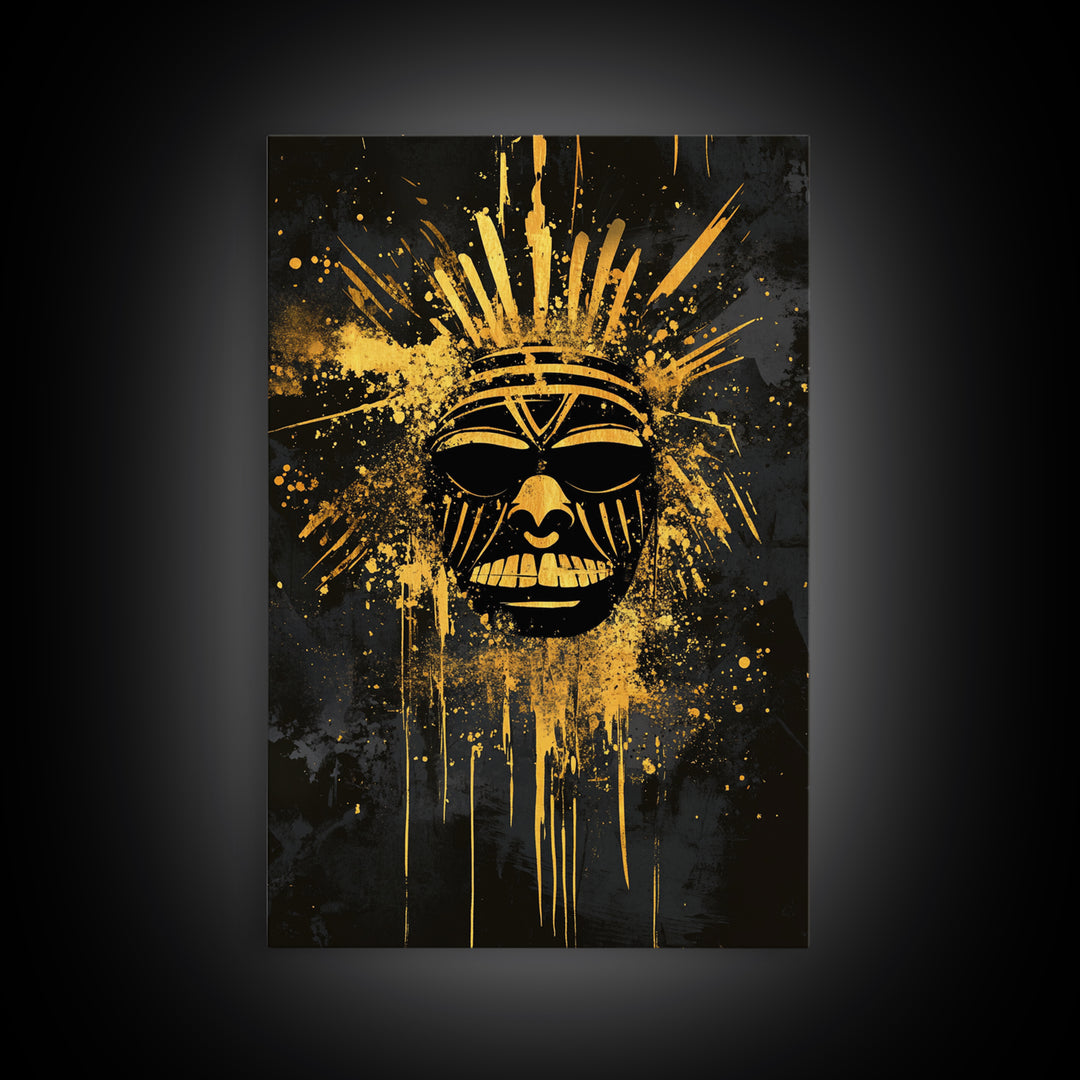Tribal Sun Mask Gold Canvas Print, Bold Wall Art With Real Wood Frame, Cultural Decor, Splatter Style Artwork