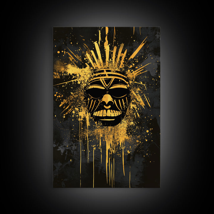 Tribal Sun Mask Gold Canvas Print, Bold Wall Art With Real Wood Frame, Cultural Decor, Splatter Style Artwork