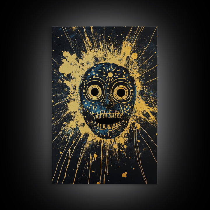 Cosmic Tribal Mask Gold Canvas Print, Unique Wall Art With Real Wood Frame, Ethnic Decor, Bold Splatter Artwork