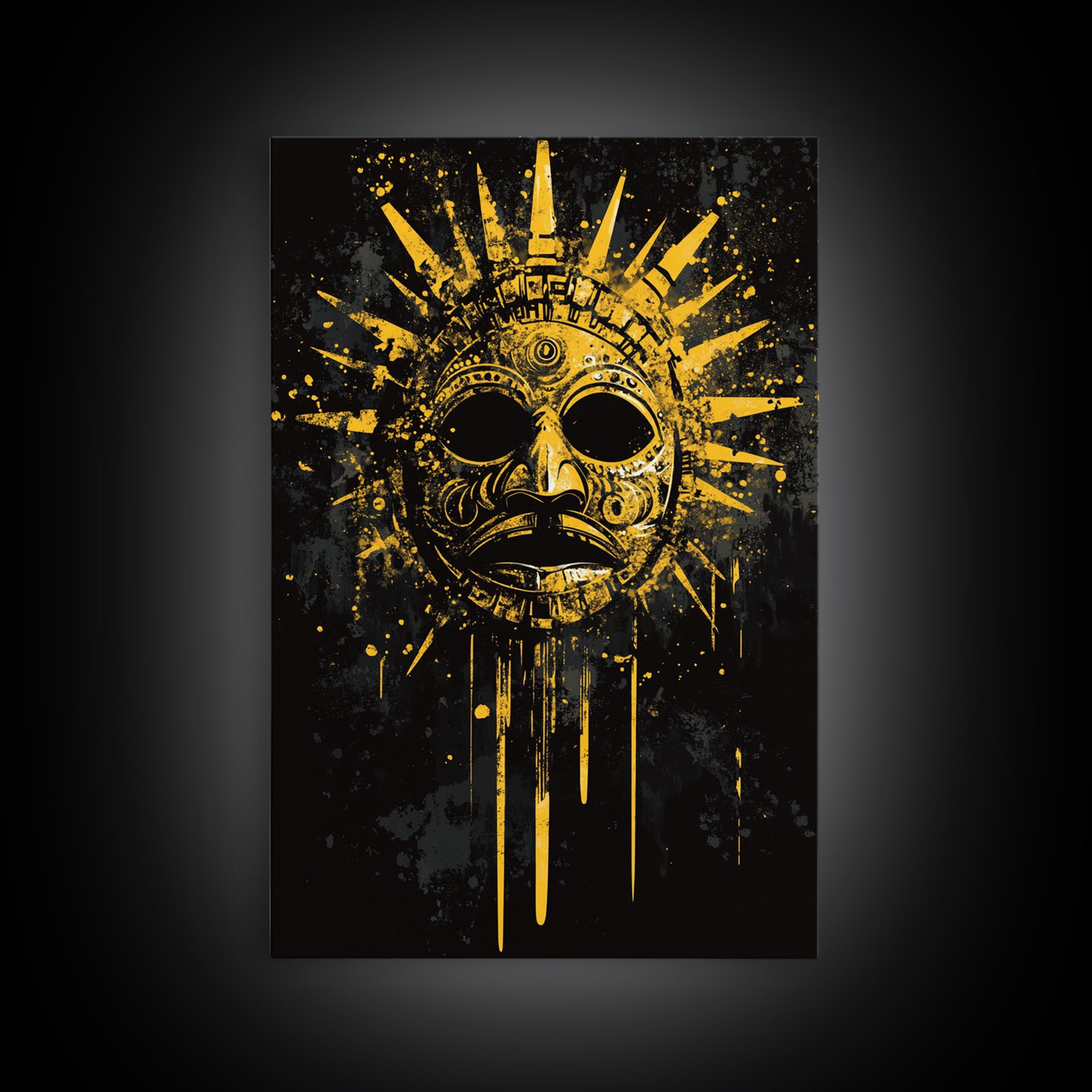 Aztec Sun God Mask Gold Canvas Print, Tribal Wall Art With Real Wood Frame, Ancient Culture Decor, Bold Artwork