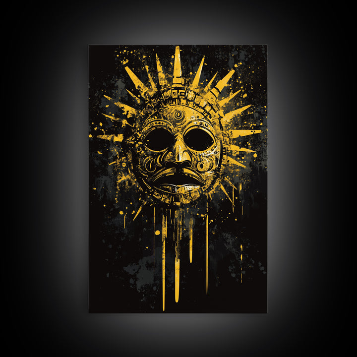 Aztec Sun God Mask Gold Canvas Print, Tribal Wall Art With Real Wood Frame, Ancient Culture Decor, Bold Artwork