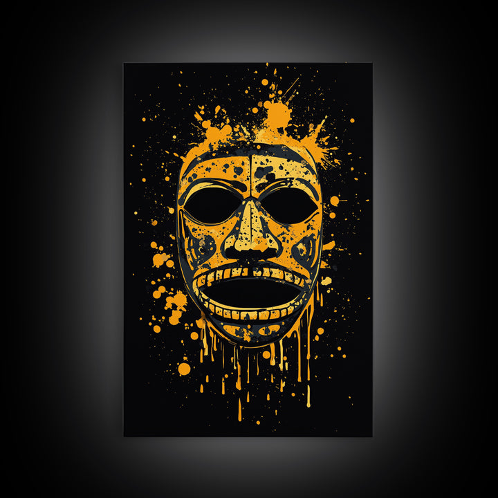 Traditional Tribal Mask Gold Canvas Print, Splatter Style Wall Art With Real Wood Frame, Cultural Decor Accent