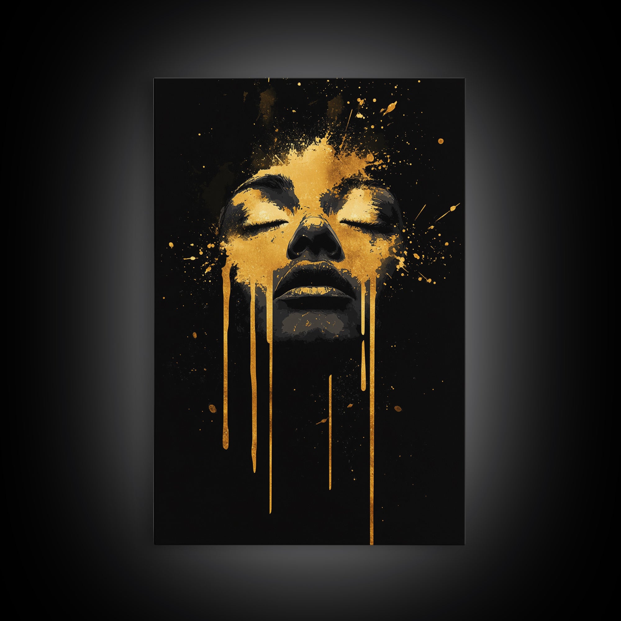 Golden Face Gold Canvas Art, Modern Wall Print With Real Wood Frame, Abstract Portrait, Splatter Style Cultural Decor