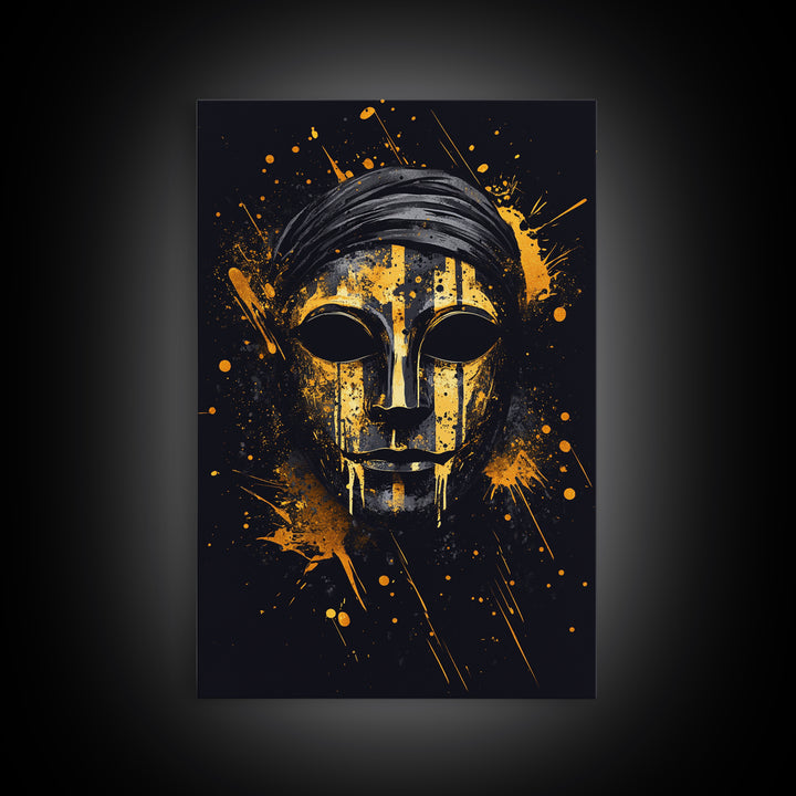 Classic Tribal Mask Gold Canvas Print, Bold Ethnic Wall Art With Real Wood Frame, Splatter Style Cultural Decor