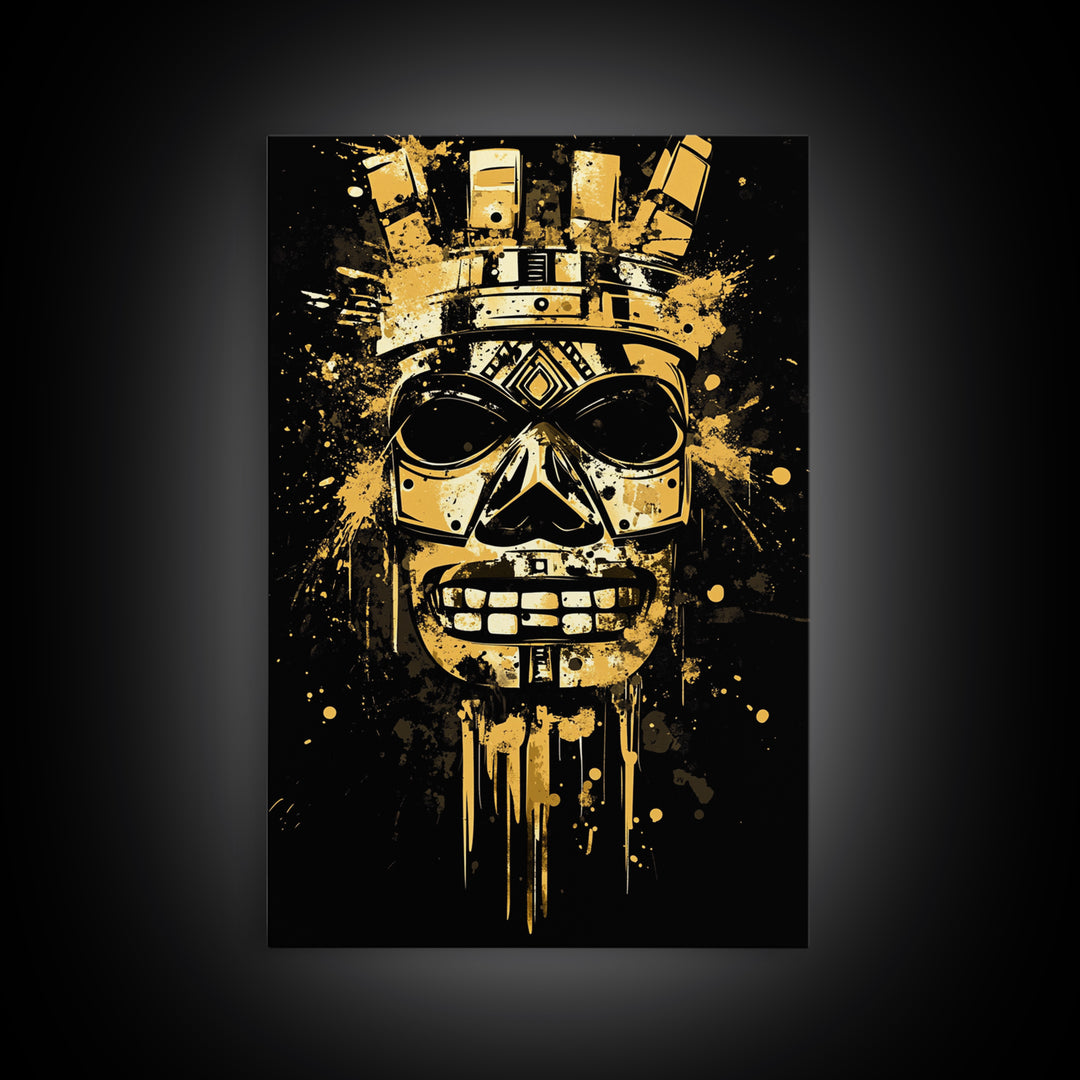 Ancient Warrior Mask Gold Canvas Print, Bold Wall Art With Real Wood Frame, Cultural Splatter Style Home Decor