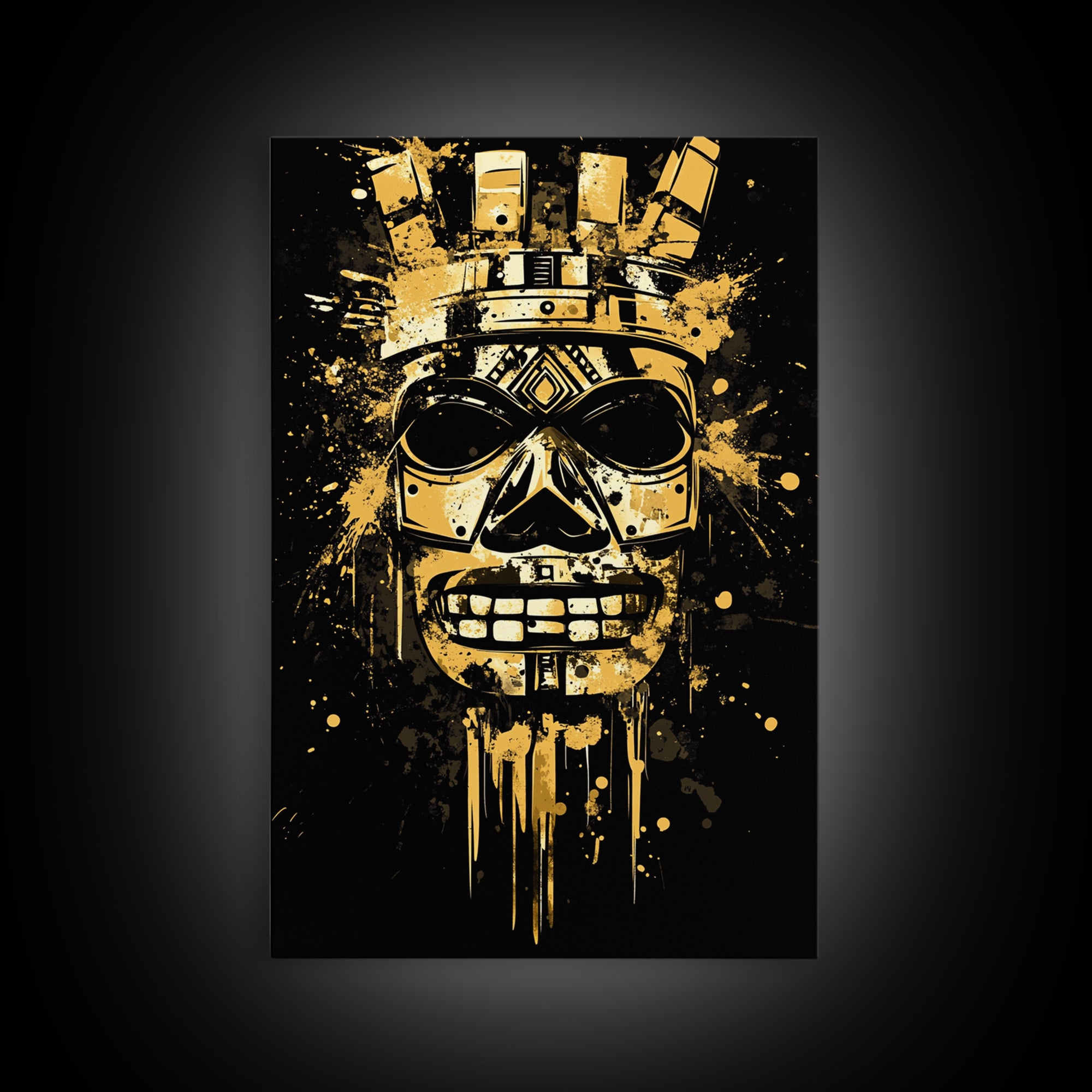 Ancient Warrior Mask Gold Canvas Print, Bold Wall Art With Real Wood Frame, Cultural Splatter Style Home Decor