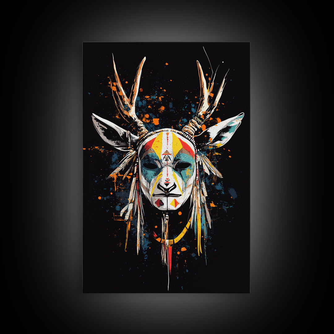 Deer Horn Mask Gold Canvas Print, Tribal Wall Art With Real Wood Frame, Ethnic Splatter Style Bold Wall Accent