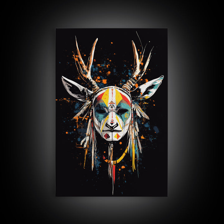 Deer Horn Mask Gold Canvas Print, Tribal Wall Art With Real Wood Frame, Ethnic Splatter Style Bold Wall Accent