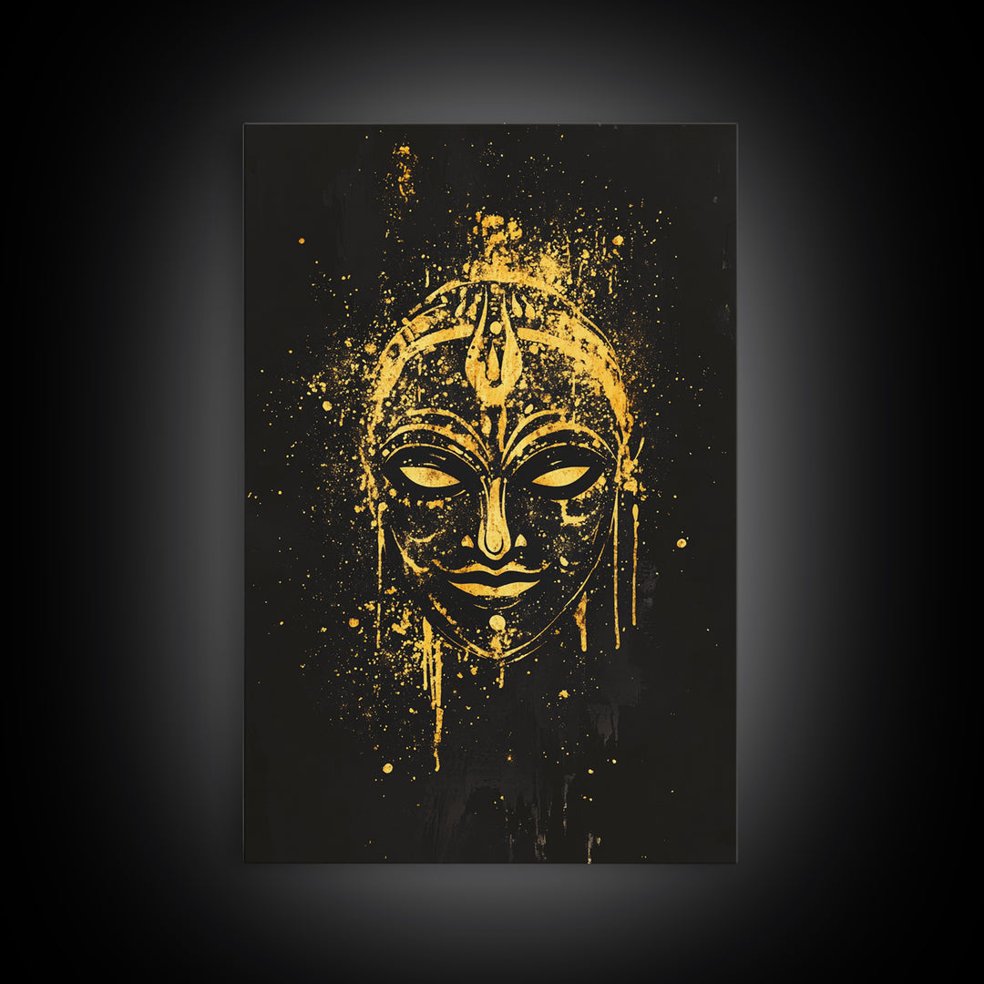 Mystical Goddess Mask Gold Canvas Art, Cultural Wall Print With Real Wood Frame, Splatter Style Decor For Bold Homes