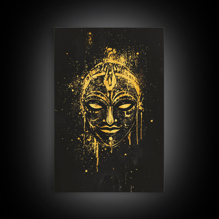 Mystical Goddess Mask Gold Canvas Art, Cultural Wall Print With Real Wood Frame, Splatter Style Decor For Bold Homes