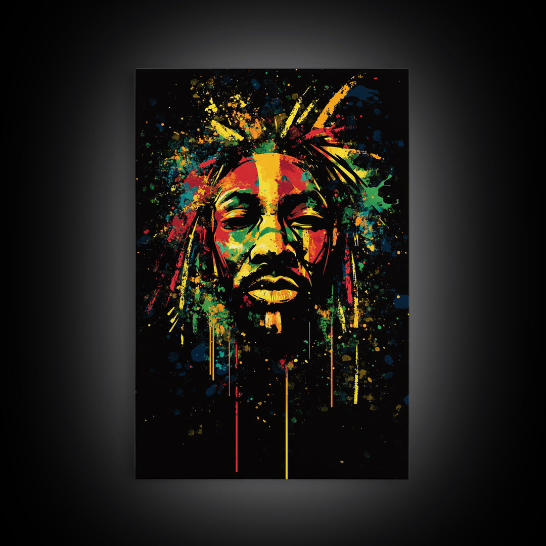 Rastafarian Portrait Gold Canvas Print, Vibrant Cultural Wall Art With Real Wood Frame, Bold Splatter Style Decor