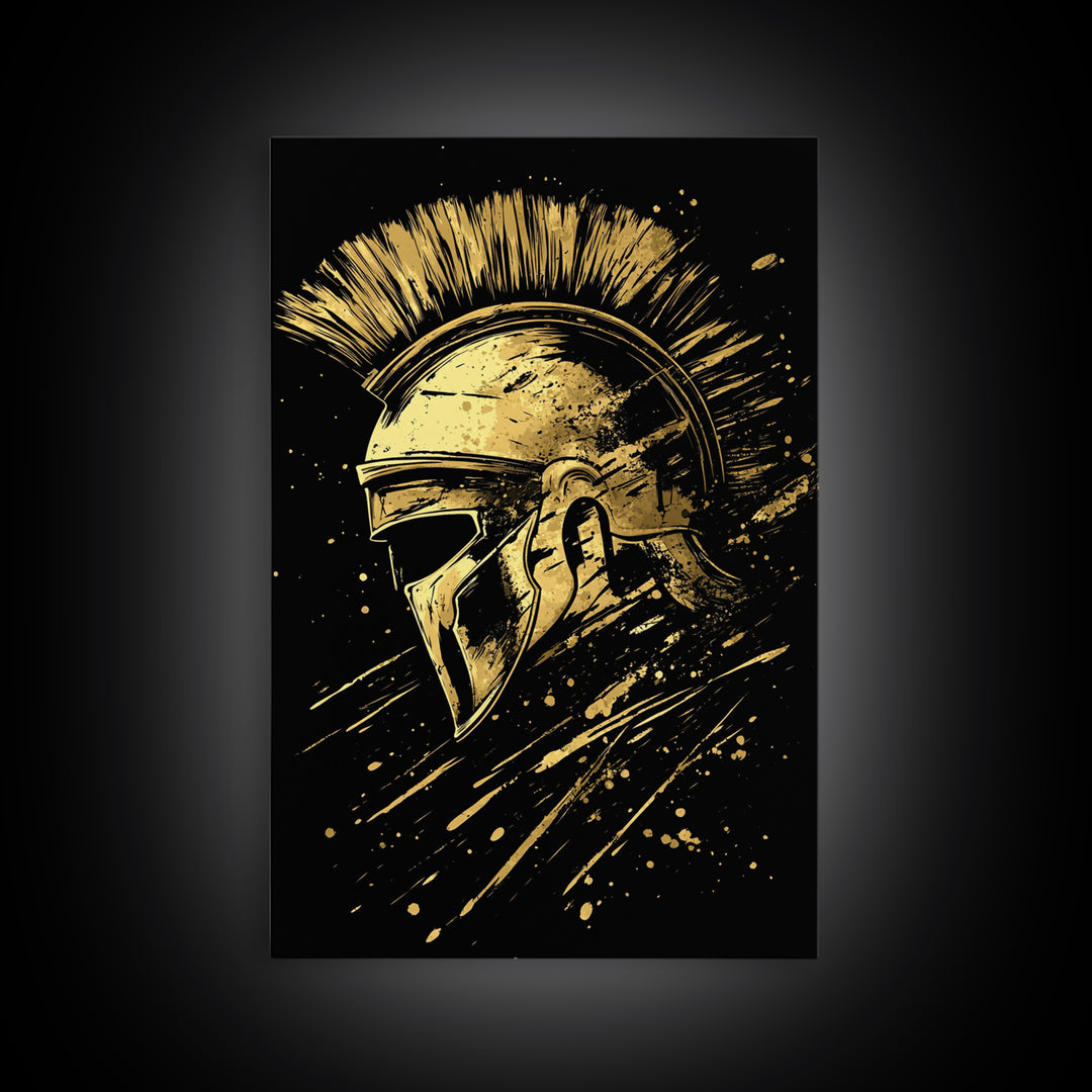 Spartan Warrior Helmet Gold Canvas Print, Ancient Greek Art, Mythology Wall Decor, Real Wood Frame, Bold Statement Piece