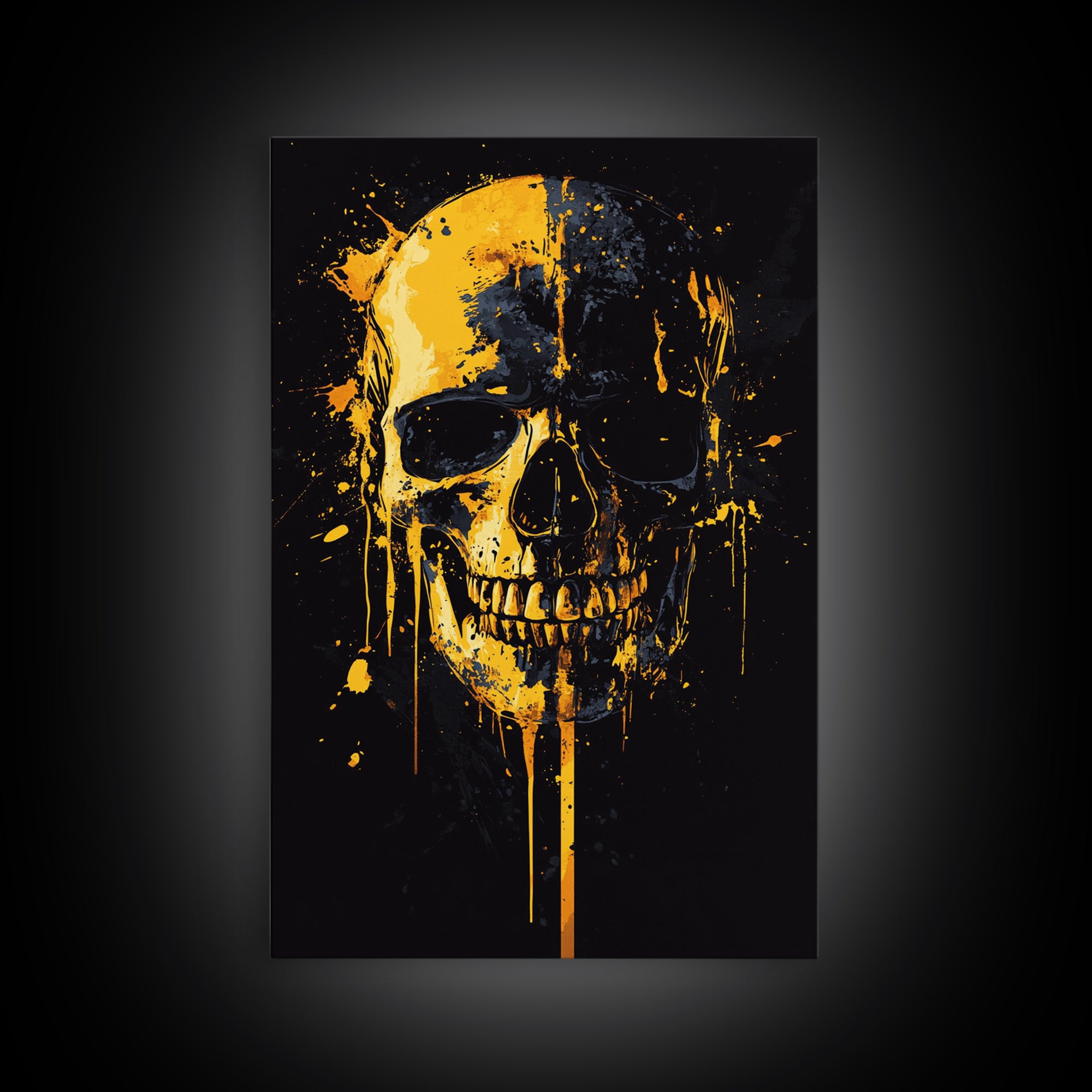 Dripping Skull Gold Canvas Print, Gothic Wall Art, Dark Decor, Edgy Skull Artwork, Real Wood Frame, Modern Statement Piece