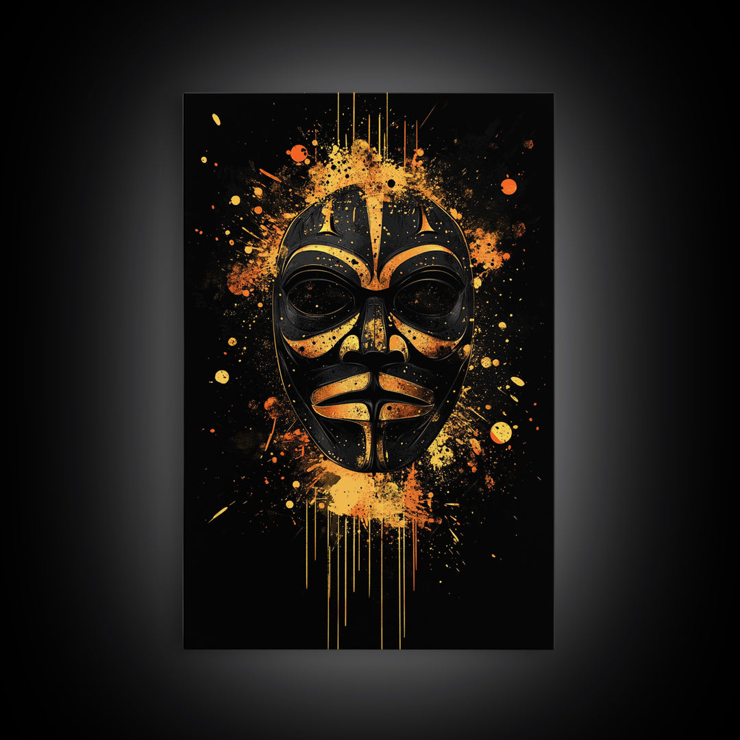 Nordic Warrior Mask Gold Canvas Print, Viking Art, Norse Wall Decor, Bold Splatter Artwork, Real Wood Frame, Mythology Design